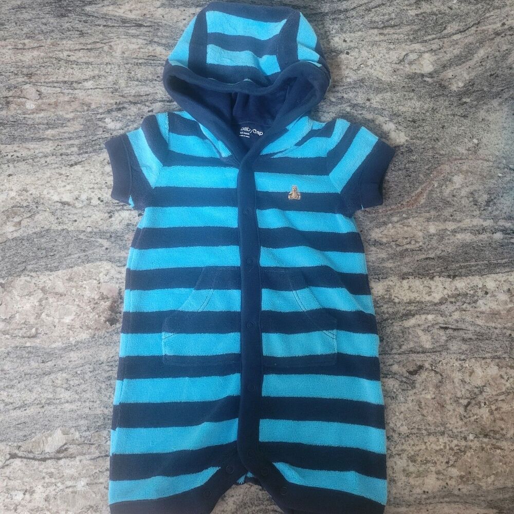 Baby GAP 3-6 Month Striped Hooded Terry Romper Jumpsuit Outfit Blue